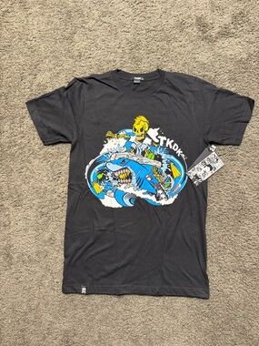 tokidoki Black Short Sleeve Tee with Blue Shark & Yellow Skull Graphic